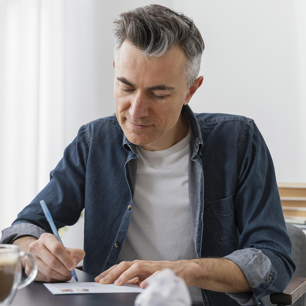 Homem sentado assinando papéis em uma mesa